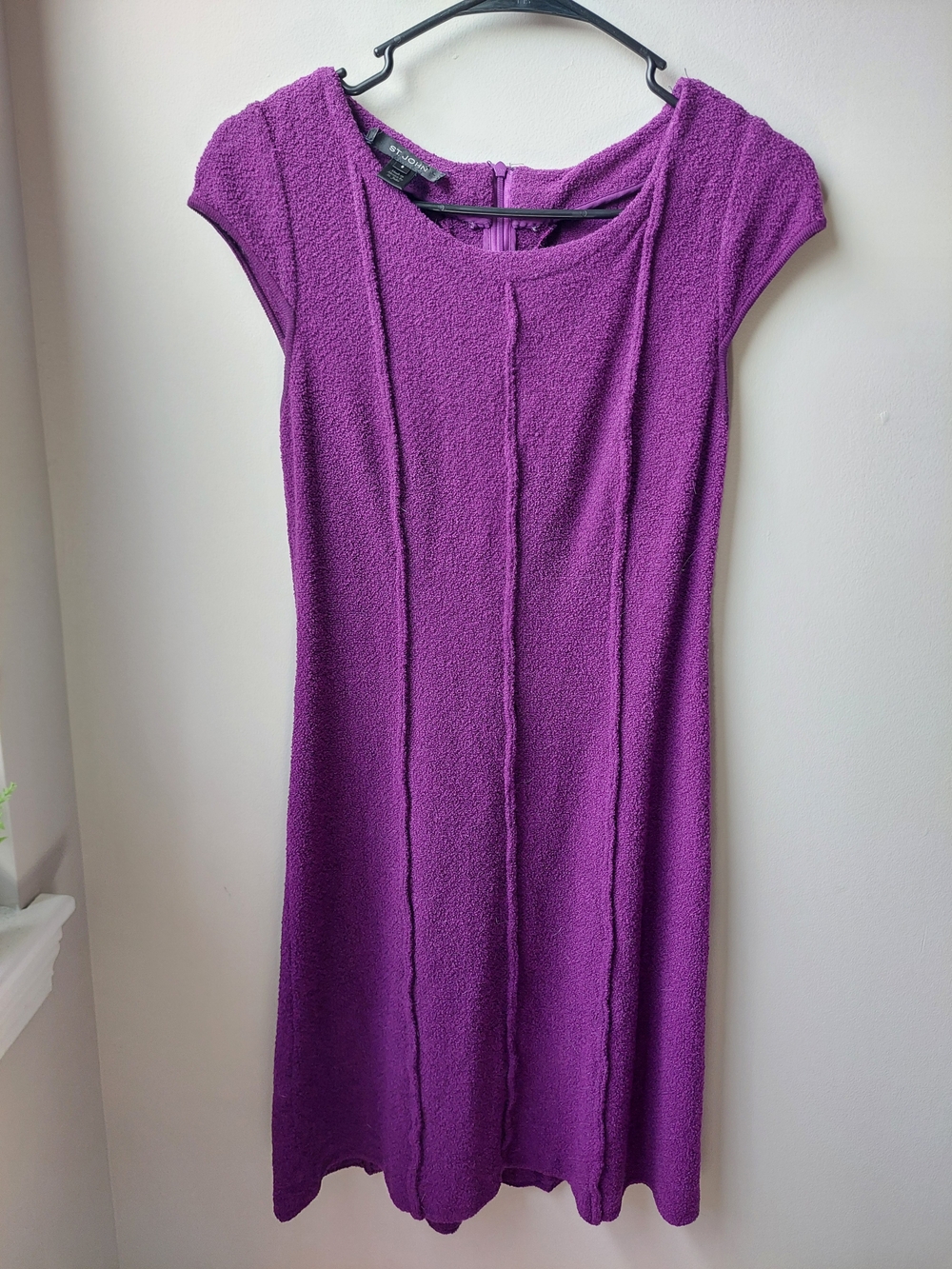 ST. JOHN Textured Purple Cap-Sleeve A-Line Dress